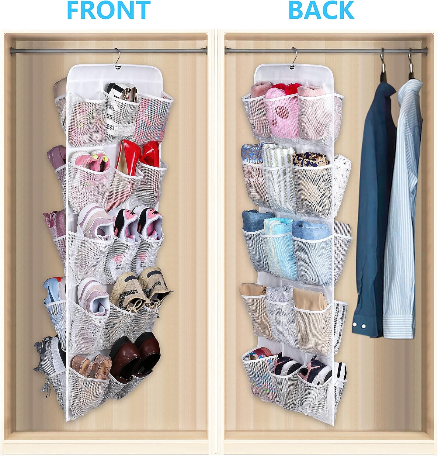 MISSLO 30 Large Pockets Dual Sided Hanging Shoe Organizer for Closet with Rotating Hanger Hanging Shoe Shelves, Grey