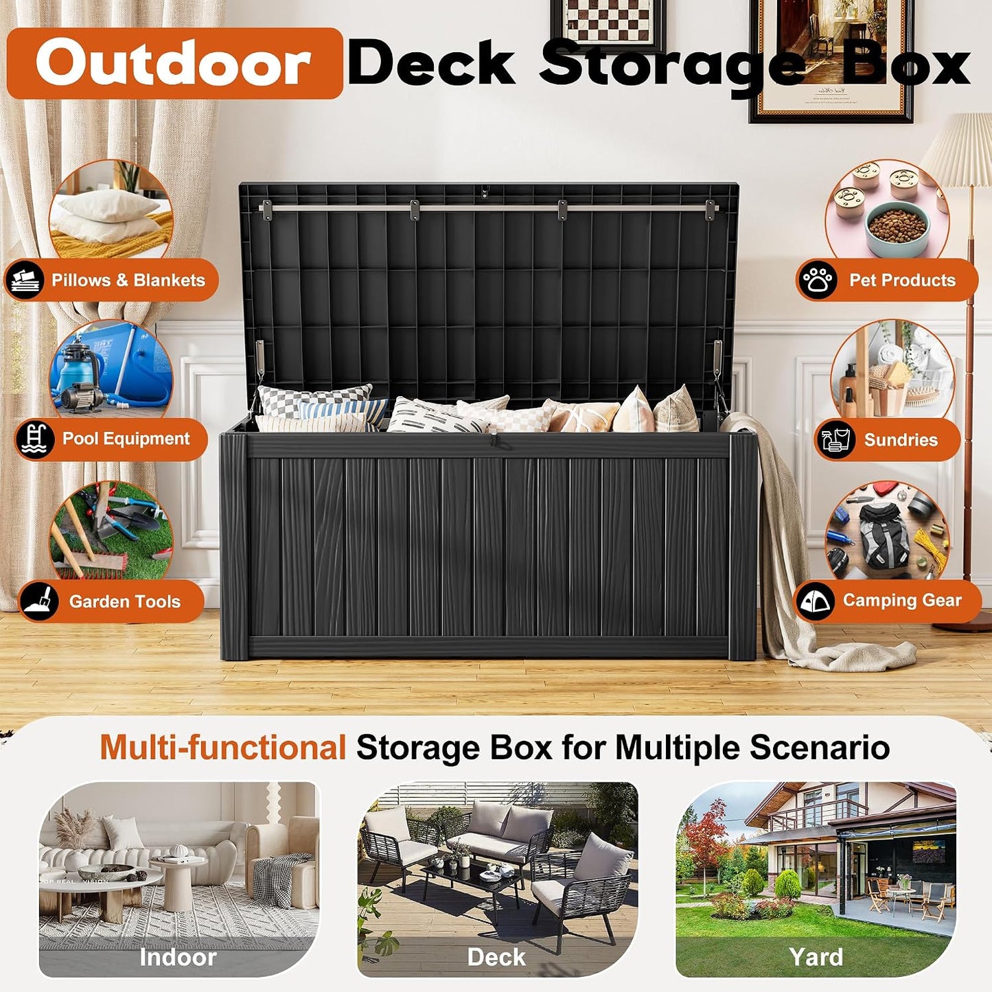 Outdoor Storage Box, Resin Deck Boxes Indoor and outdoor, Waterproof Storage Box Lockable Lid (Black, 85 Gallon)