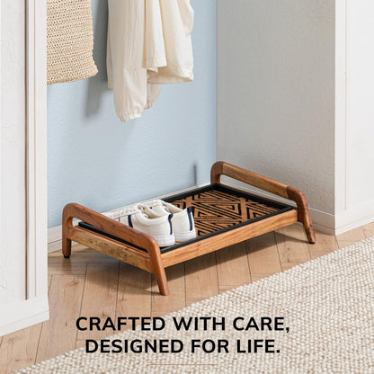 Anji Mountain Heavy Duty Waterproof Wooden Shoe Storage Mat Organizer/Boot Storage Tray Multi Use for Entryway with Coir, Tan Rectangle Embossed Insert, 1 Tier, Fits 2 Pair (26.5" Wide)
