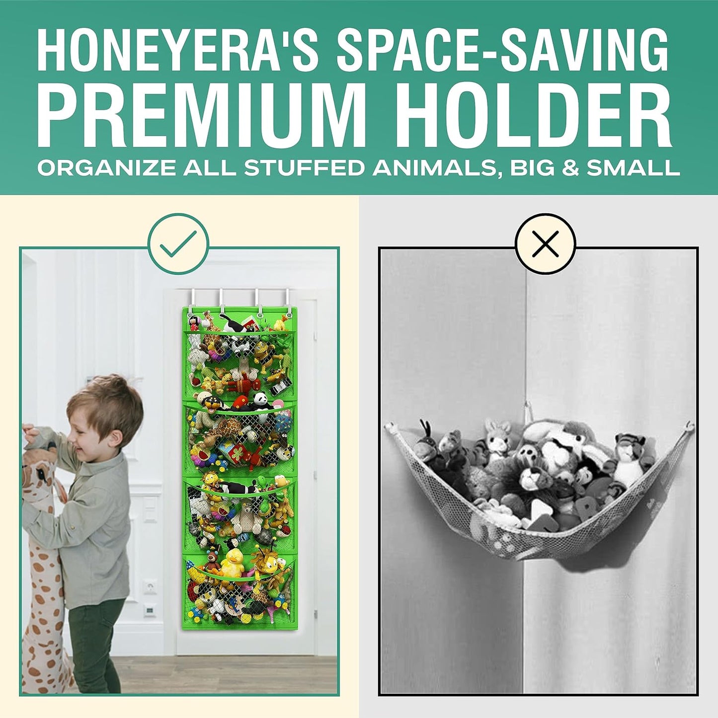 Honeyera The Original Stuffed Animal Storage (Patented) - Over Door Organizer for Stuffies, Baby Ideas Holder, Toy Plush Hammock Hanging Net Big Girls Toddler Large Bag Animals Stuffy Behind