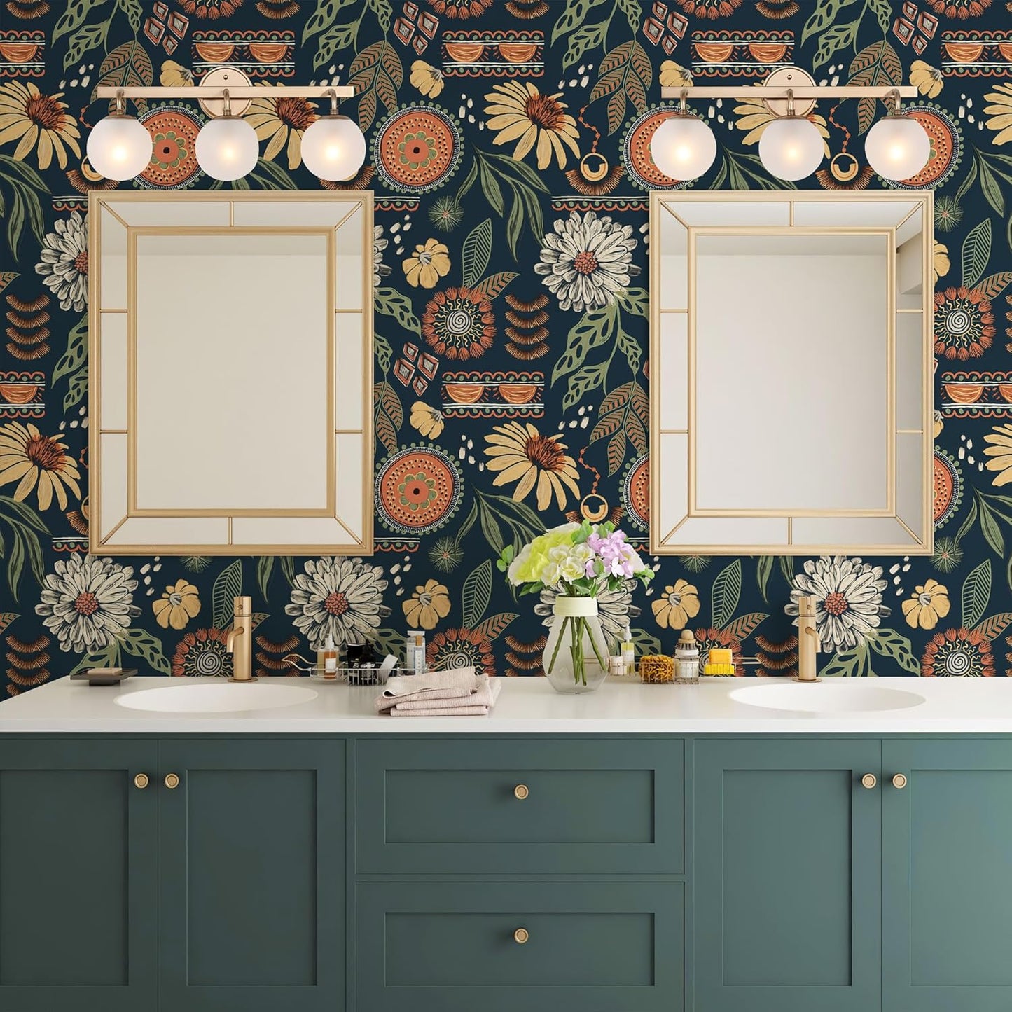 Simon&Siff Boho Peel and Stick Wallpaper, 17.3" x 80" Sun Floral Retro Contact Paper Removable Self Adhesive Wall Paper for Cabinets Furniture Bedroom Nursery Bathroom Renter Friendly DIY Decor