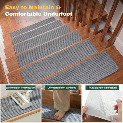 MBIGM 8" X 30" (15 in Pack) Nonslip Carpet Stair Treads Non-Skid Safety Rug Slip Resistant Indoor Runner for Kids Elders & Pets with Reusable Adhesive - Brown - Non Slip Stair Treads Indoor