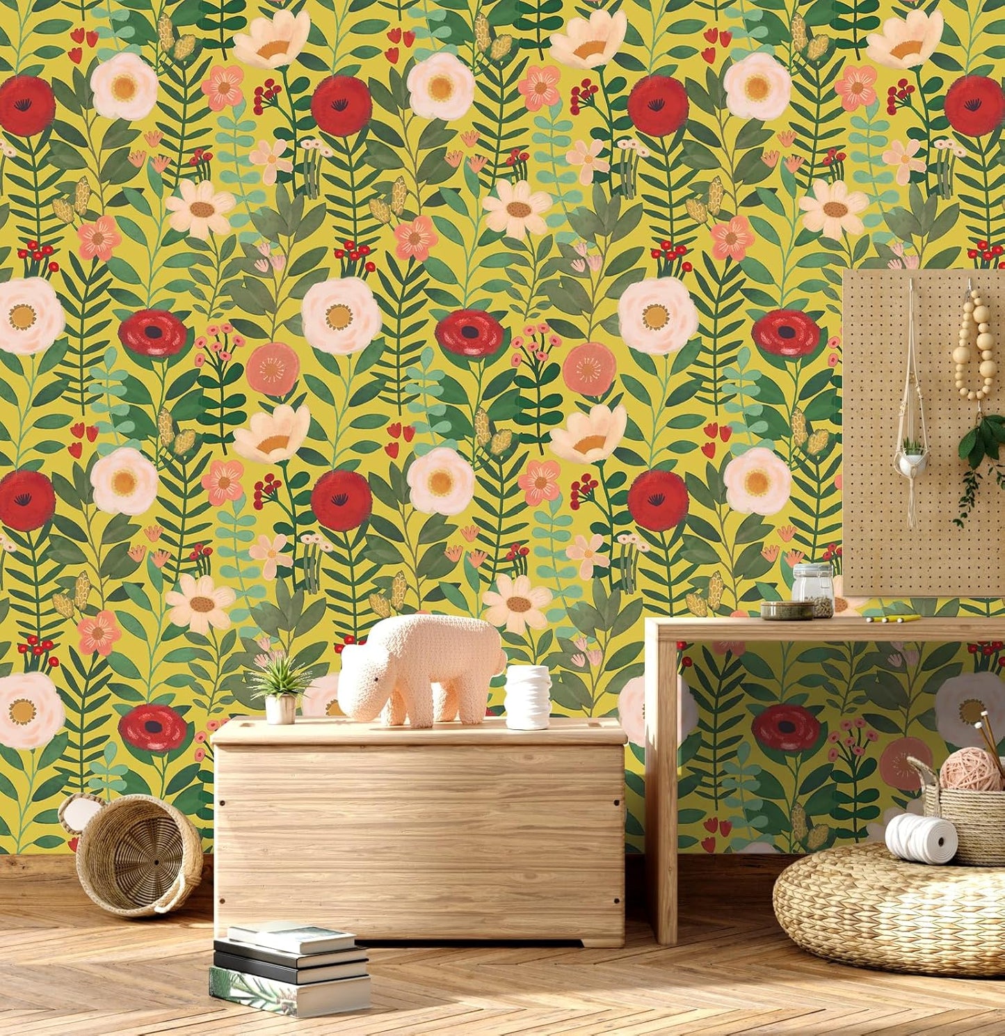 HAOKHOME Floral Peel and Stick Wallpaper Boho Vintage Wall Paper Removable for Bathroom Nursery Beige/Pink/Red Contact Paper 17.3in x 9.8ft