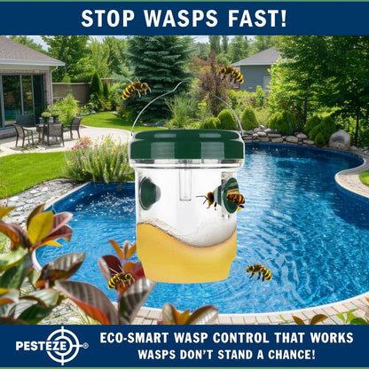 PESTEZE USA Reusable Solar Hanging Wasp Trap with LED Light [Green: 3.5 x 4.4 Inch] Attracts, & Stop Wasp, Hornet, Yellow Jacket & Insect Species 24/7 Without Harsh– Waterproof Outdoor Trap