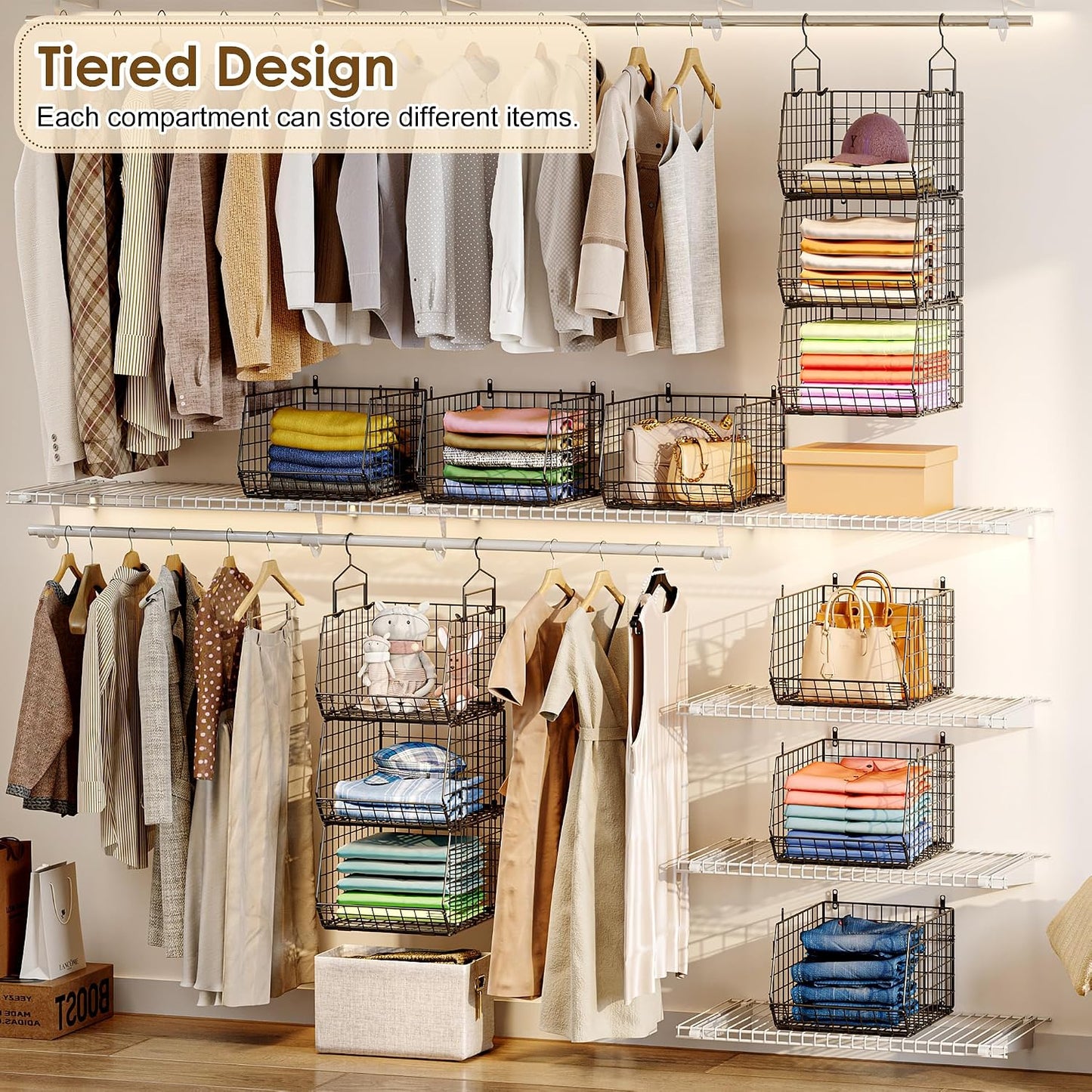 8-Tier Extended Depth Hanging Closet Organizers and Storage for Closet System, Stackable Closet Shelves with 4 Adjustable Dividers for Clothes Sweaters Purses, Wire Hanging Basket Fits Closet Laundry