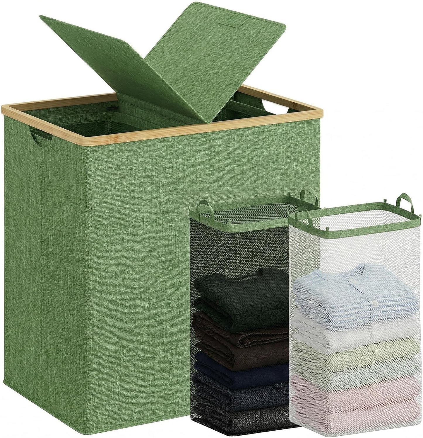 efluky Laundry Hamper with Lid, Trio Laundry Basket with 2 Removable Bags, 3 Section Laundry Bin with Bamboo Handles for Bathroom, Bedroom & Laundry Room, 160L (42.3 Gallon) Beige
