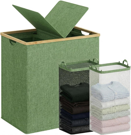 efluky Laundry Hamper with Lid, Trio Laundry Basket with 2 Removable Bags, 3 Section Laundry Bin with Bamboo Handles for Bathroom, Bedroom & Laundry Room, 160L (42.3 Gallon) Beige