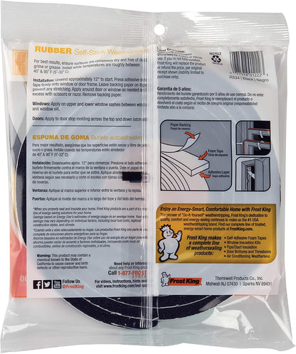 Frost King R338H Self-Stick Rubber Foam Weatherseal, 3/8"W, 3/16"T, Black|Blacks