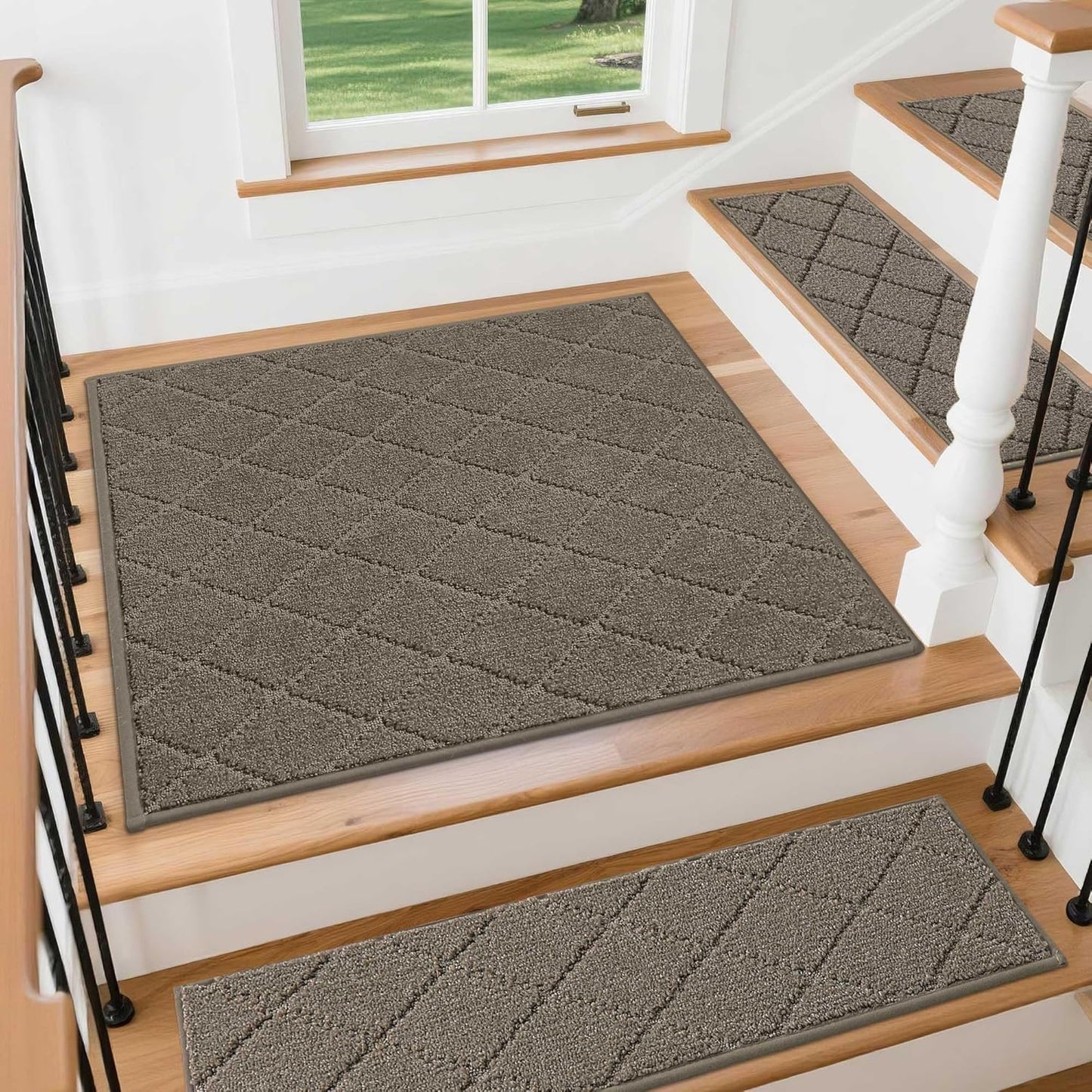 COSY HOMEER Edging Stair Treads Non-Slip Carpet Mat 28inX9in Indoor Stair Runners for Wooden Steps, Edging Stair Rugs for Kids and Dogs, 100% Polyester TPE Backing(4pc, Beige)
