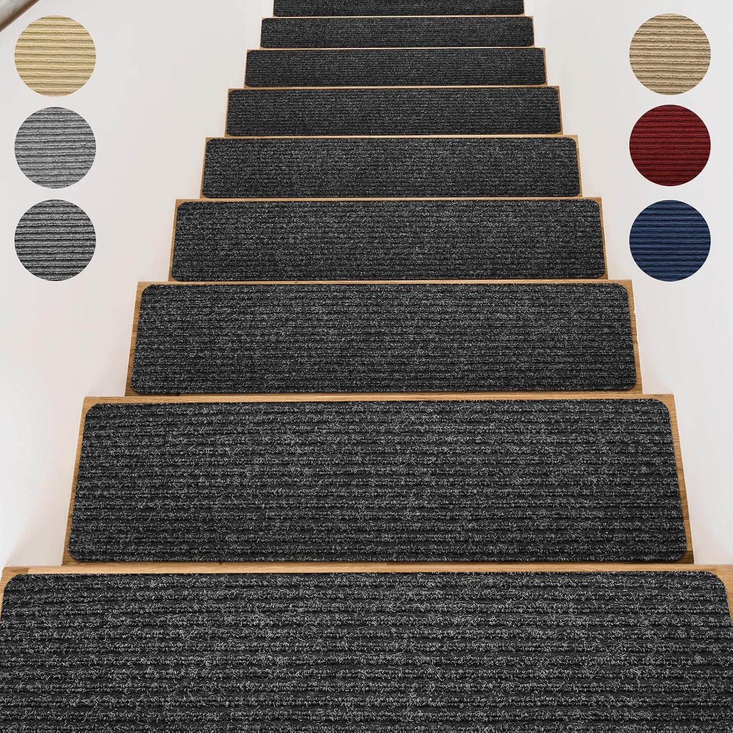 15 Pack 8 "X 30" Non-Slip Carpet Stair Treads for Indoor Wooden Steps, Made of Polyester and Reusable Adhesive, Suitable for Kids Elders and Pets（Black Lines）