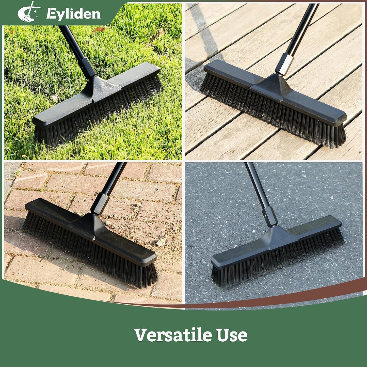 Eyliden 18" Push Broom for Deck Driveway Patio Garage, Black | Heavy-Duty Stiff Bristles Sweeper with 66" Adjustable Handle | Outdoor Concrete Sidewalk Yard Snow Cleaning Tool