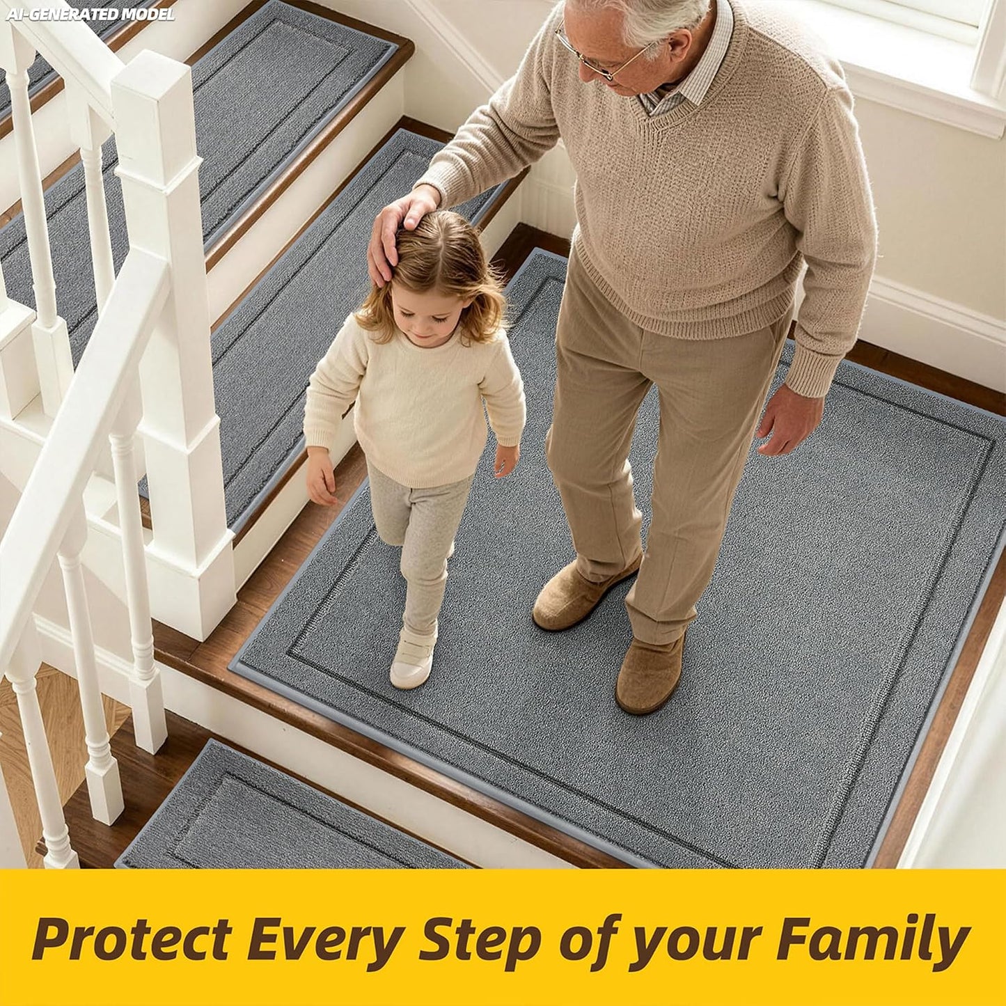 JSEI Stair Treads for Wooden Steps Indoor, 15-Pack Non Slip Stair Treads 30" x 8", Washable Polyester Stair Mats with TPE Backing, Low Profile Stair Rugs for Kids, Seniors and Dogs, Brown