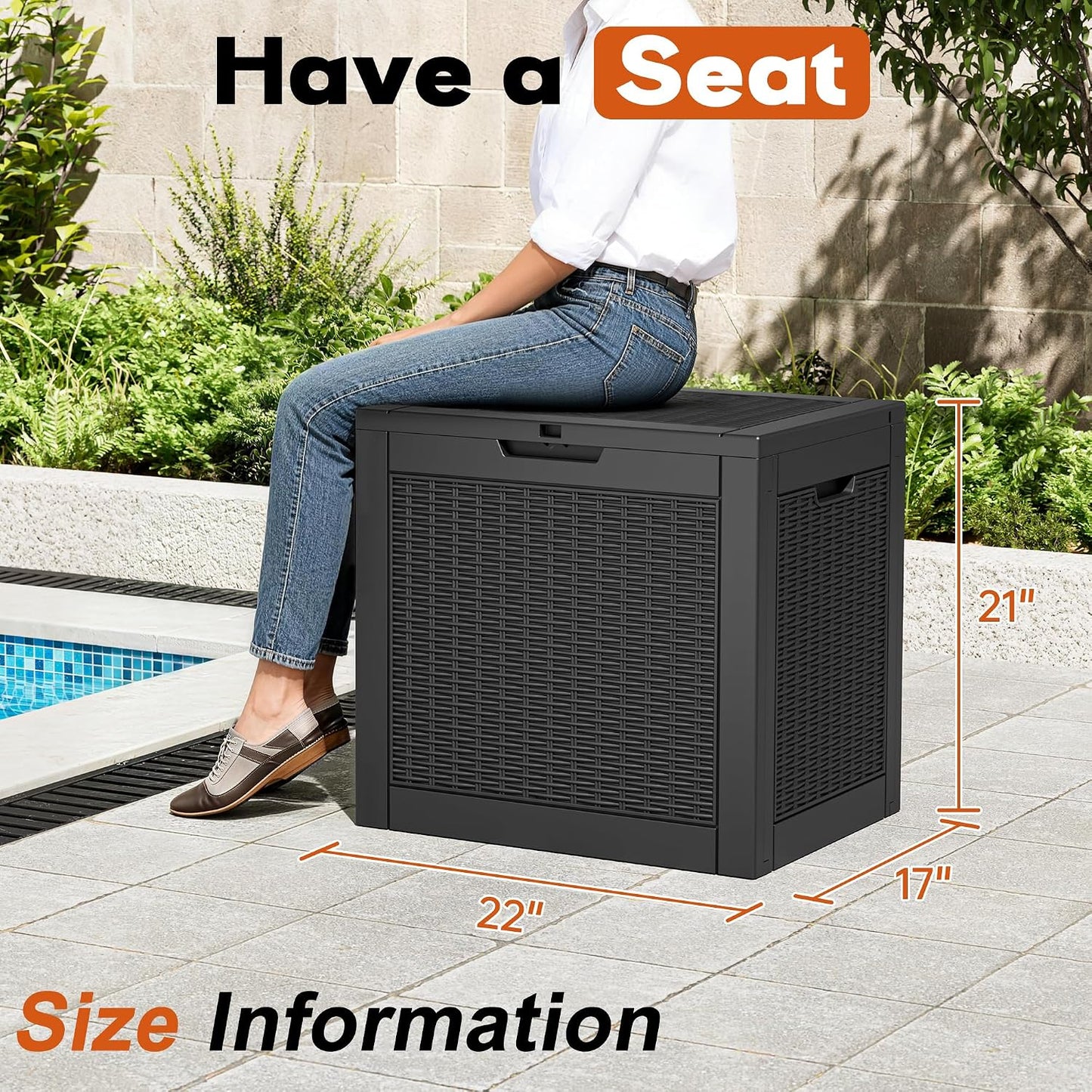 Outdoor Deck Storage Box,Resin Deck Boxes Indoor and outdoor, Waterproof Storage Box Lockable Lid (Black,50 Gallon)
