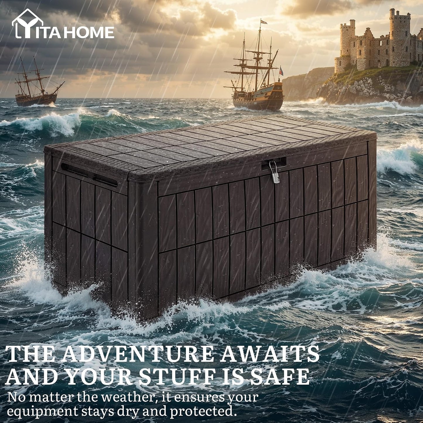 YITAHOME 134 Gallon Large Deck Box | Waterproof Resin Outdoor Storage Box with Lock, Doubles as 2-Person Bench Seating for Patio Furniture Cushions,Garden Tools &