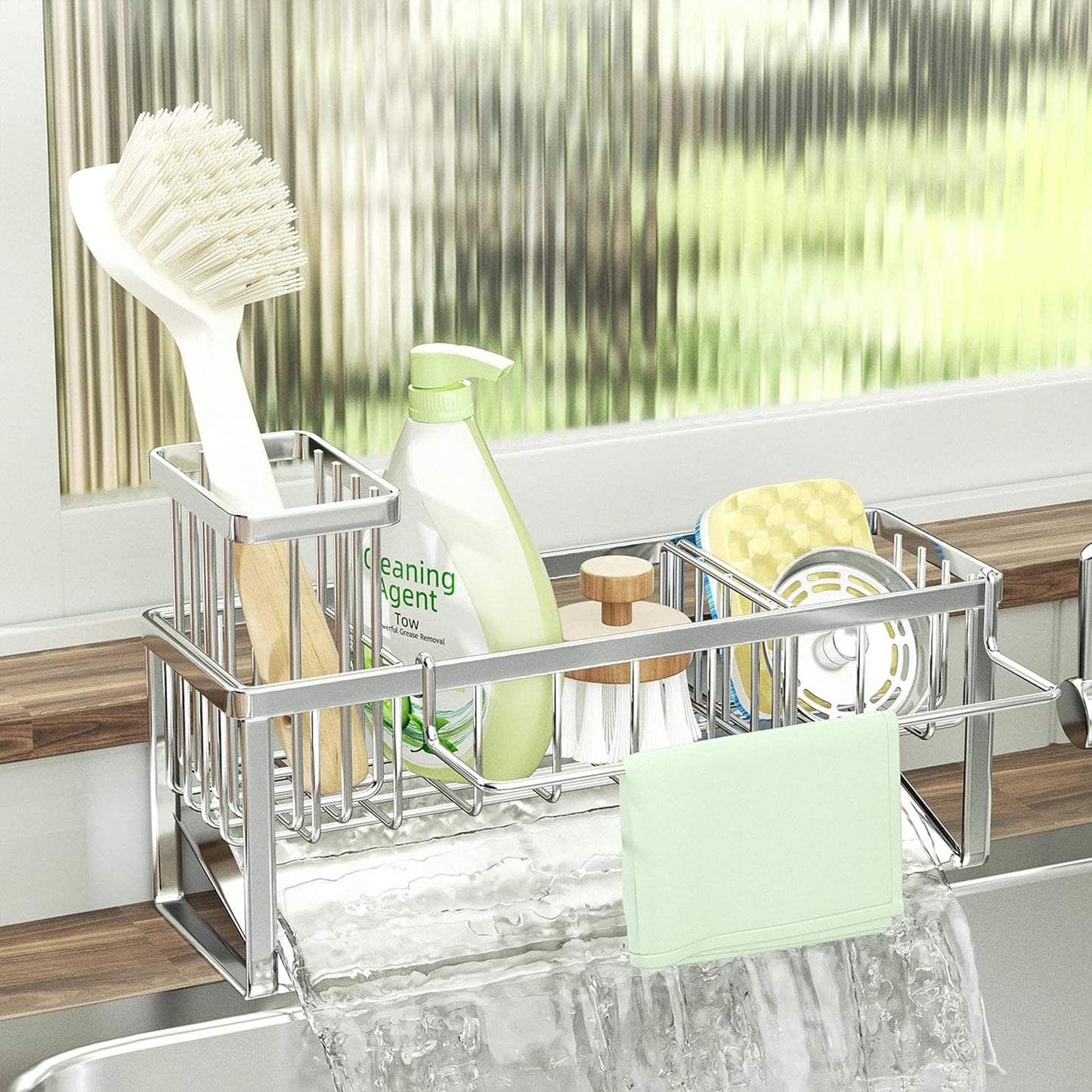 SWTYMIKI Sponge Holder for Kitchen Sink - Sink Caddy with Brush Holder and Stainless Steel Self Drain Tray, Sponge Caddy Organizer with Divider Kitchen Accessories Storage for Countertop, Black