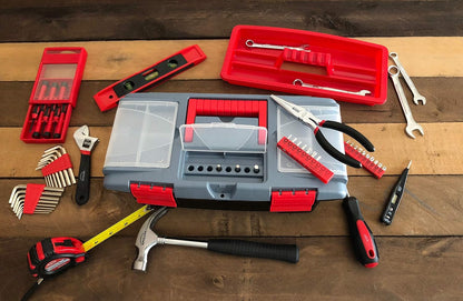 Apollo Tools 53 Piece Household Tool Set Includes Tools and Tool Box with a Selection of Most Needed Tools for Basic DIY Repairs, Maintenance and Crafts - Red