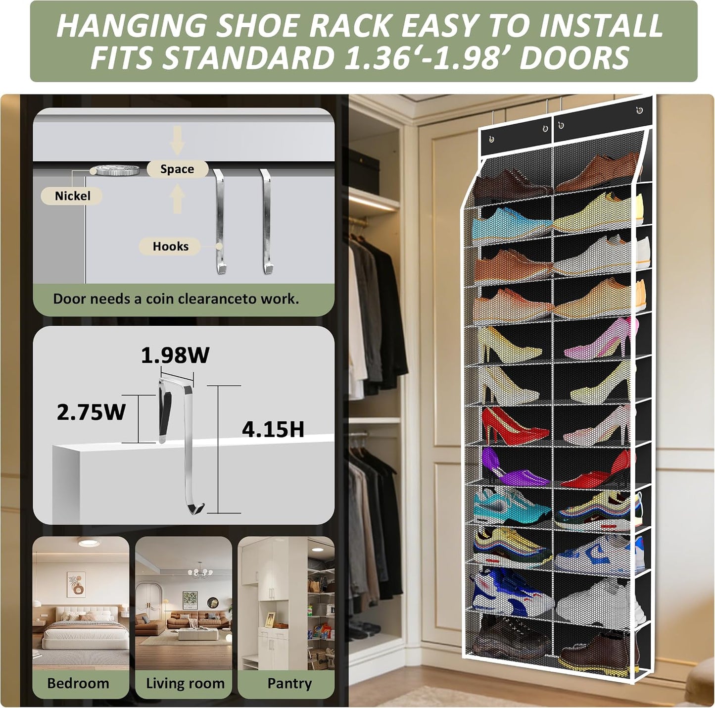 Kotkn 24-Pair Over Door Shoe Organizer for Family & Kids, Double Sided | Hanging Storage for Sneakers, Boots, Toys & Room Organization-Graphite Gray
