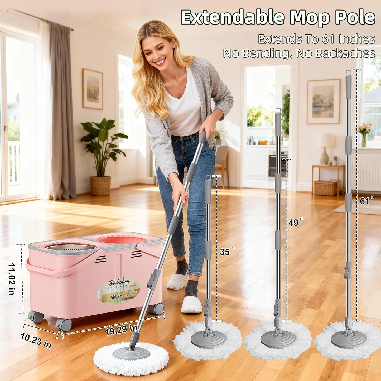 2026 Upgraded Gen 2 Spin Mop and Bucket Set with 4 Swivel Wheels for Easy Rolling, Separates Clean & Dirty Water, Floor Mop with 6 Washable Mop Heads for Wood, Tile, Vinyl, Baseboards - Grey/Blue