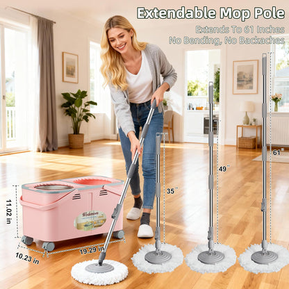 2026 Upgraded Gen 2 Spin Mop and Bucket Set with 4 Swivel Wheels for Easy Rolling, Separates Clean & Dirty Water, Floor Mop with 6 Washable Mop Heads for Wood, Tile, Vinyl, Baseboards - Grey/Blue