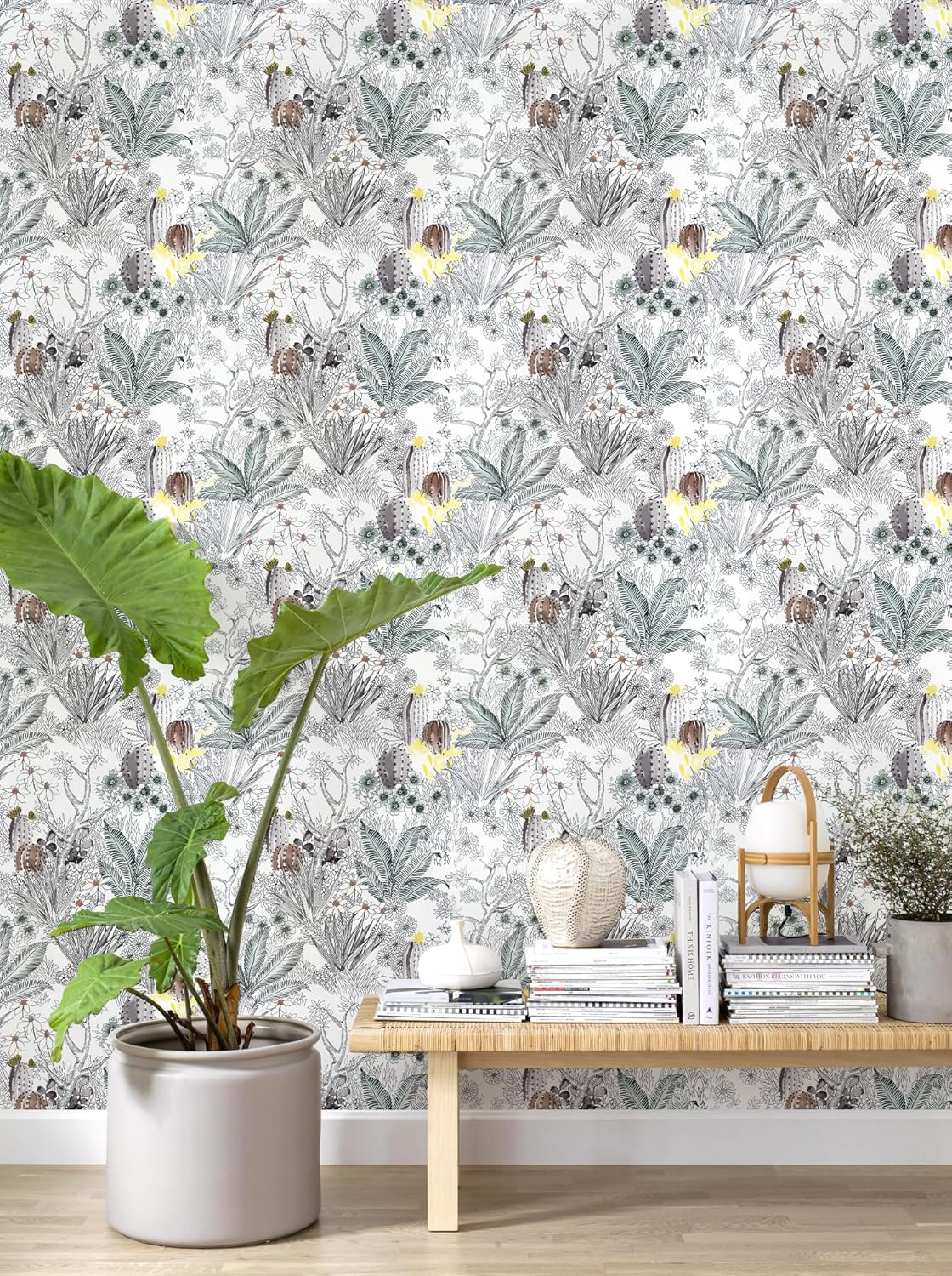 Wudnaye Boho Peel and Stick Wallpaper Catus Wallpaper 17.7" x 118.1"Vintage Floral Wallpapers Peel and Stick Botanical Removable Wall Paper Boho Self Adhesive Contact Paper for Bathroom Cabinets