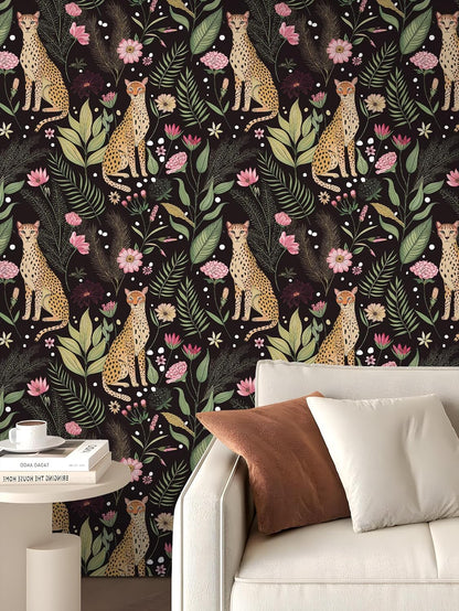 Floralplus Peel and Stick Wallpaper Leopard Jungle Removable Wallpaper for Bathroom Renter Friendly Wallpapers Self Adhesive Animal Floral Contact Paper for Accent Wall 17.5 x 118 in