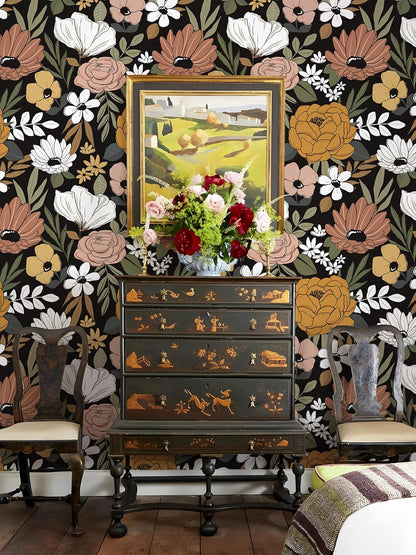 Floralplus Floral Wallpaper Peel and Stick Removable Wallpaper Boho Renter Friendly Dark Flower Wallpapers Contact Paper for Walls Cabinet Bedroom Bathroom Decor 17.5 in x 118 in