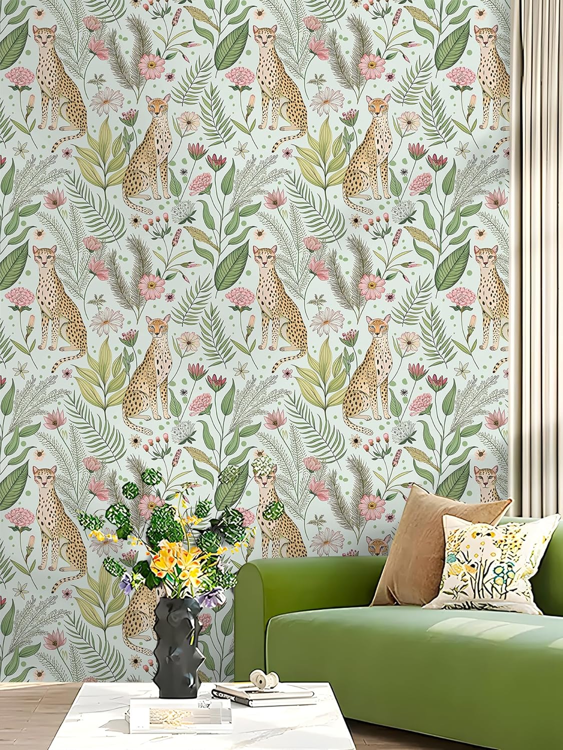 Floralplus Peel and Stick Wallpaper Leopard Jungle Removable Wallpaper for Bathroom Renter Friendly Wallpapers Self Adhesive Animal Floral Contact Paper for Accent Wall 17.5 x 118 in