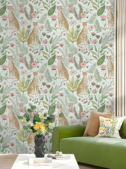 Floralplus Peel and Stick Wallpaper Leopard Jungle Removable Wallpaper for Bathroom Renter Friendly Wallpapers Self Adhesive Animal Floral Contact Paper for Accent Wall 17.5 x 118 in
