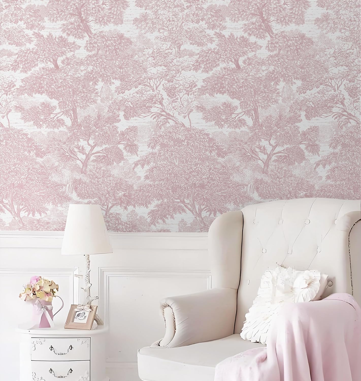 Safiyya Peel and Stick Wallpaper Beige Forest Contact Paper 17.3" x 118" Vintage Tree Wall Paper Renter Friendly Self Adhesive Removable Wallpaper for Bathroom Vinyl Off-White
