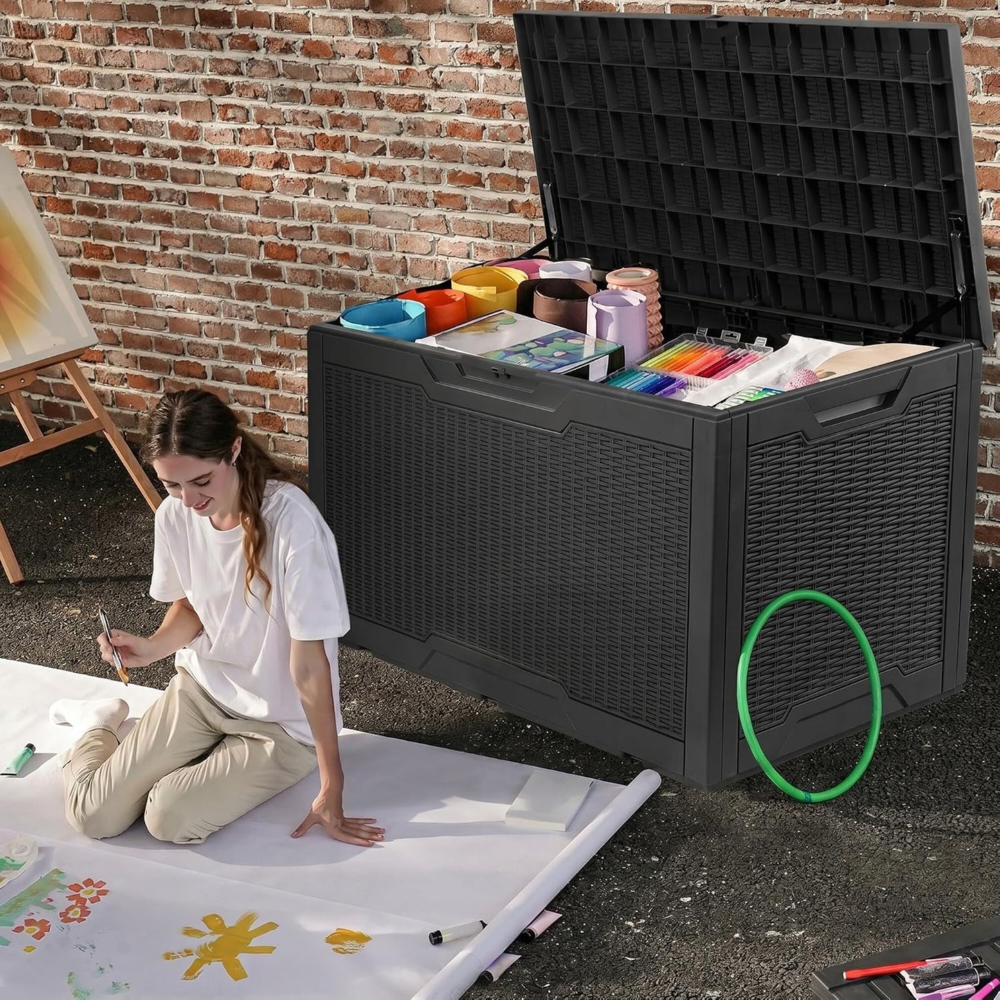 DWVO 100 Gallon Outdoor Storage Box, Large Deck Box Lockable Waterproof and UV Resistant Resin for Gardening Tools, Pool Supplies, Patio Cushions (Black)
