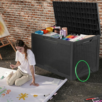 DWVO 100 Gallon Outdoor Storage Box, Large Deck Box Lockable Waterproof and UV Resistant Resin for Gardening Tools, Pool Supplies, Patio Cushions (Black)