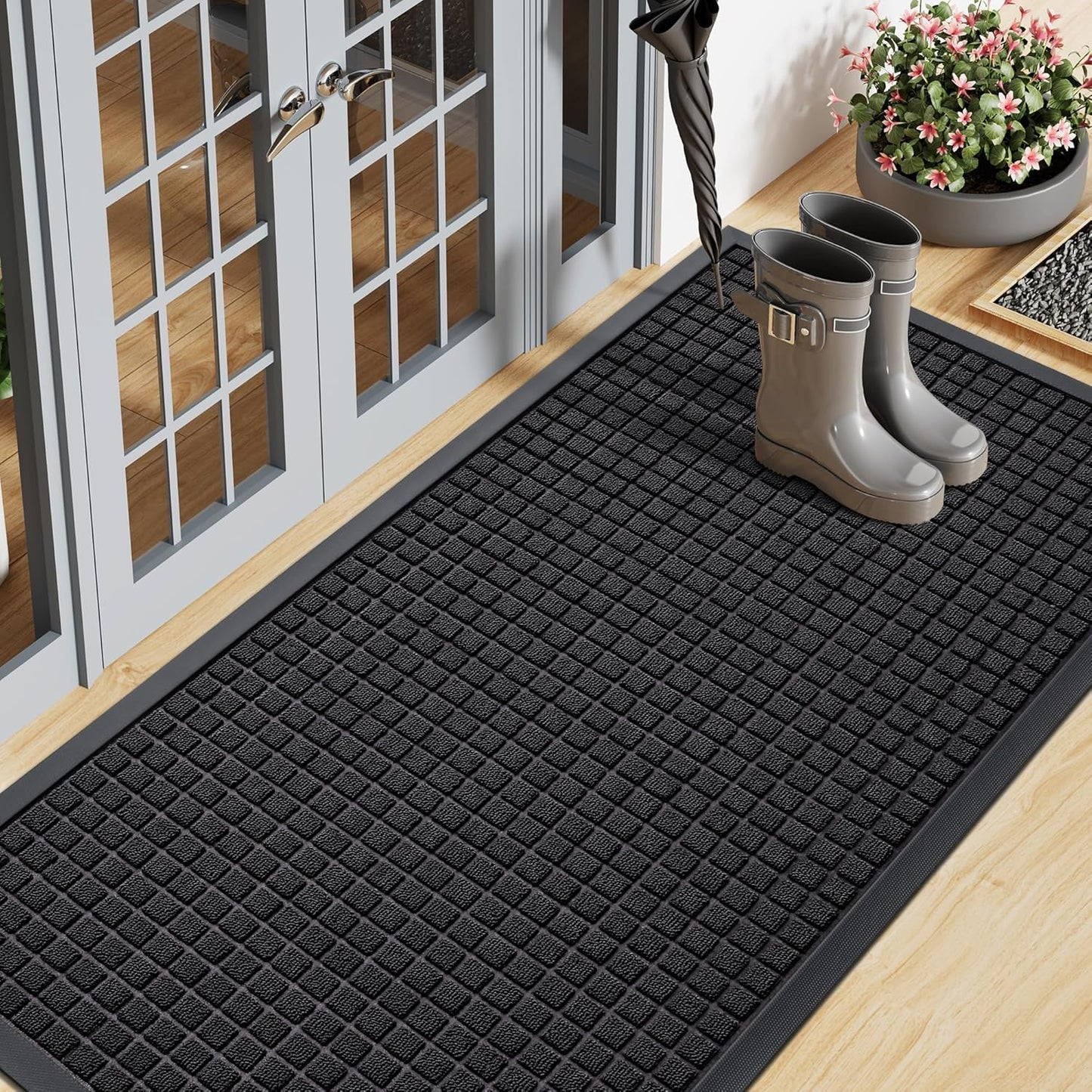 Smiry Front Door Mat Outside Entrance, Heavy Duty Natural Rubber Doormat, Non Slip, Trap Dirt and Moisture, Easy Clean, Low Profile Welcome Floor Mats for Indoor Outdoor Entry, 29.5x17 Inch, Black