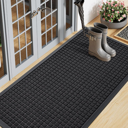 Smiry Front Door Mat Outside Entrance, Heavy Duty Natural Rubber Doormat, Non Slip, Trap Dirt and Moisture, Easy Clean, Low Profile Welcome Floor Mats for Indoor Outdoor Entry, 29.5x17 Inch, Black