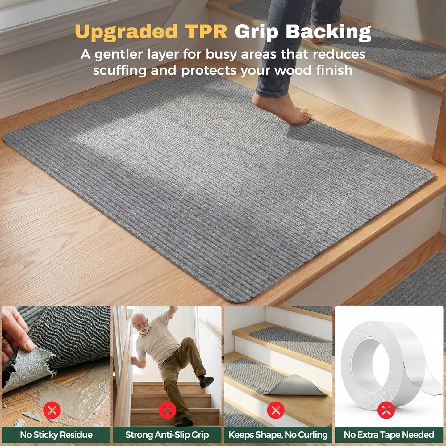 MBIGM 8" X 30" (15 in Pack) Nonslip Carpet Stair Treads Non-Skid Safety Rug Slip Resistant Indoor Runner for Kids Elders & Pets with Reusable Adhesive - Brown - Non Slip Stair Treads Indoor