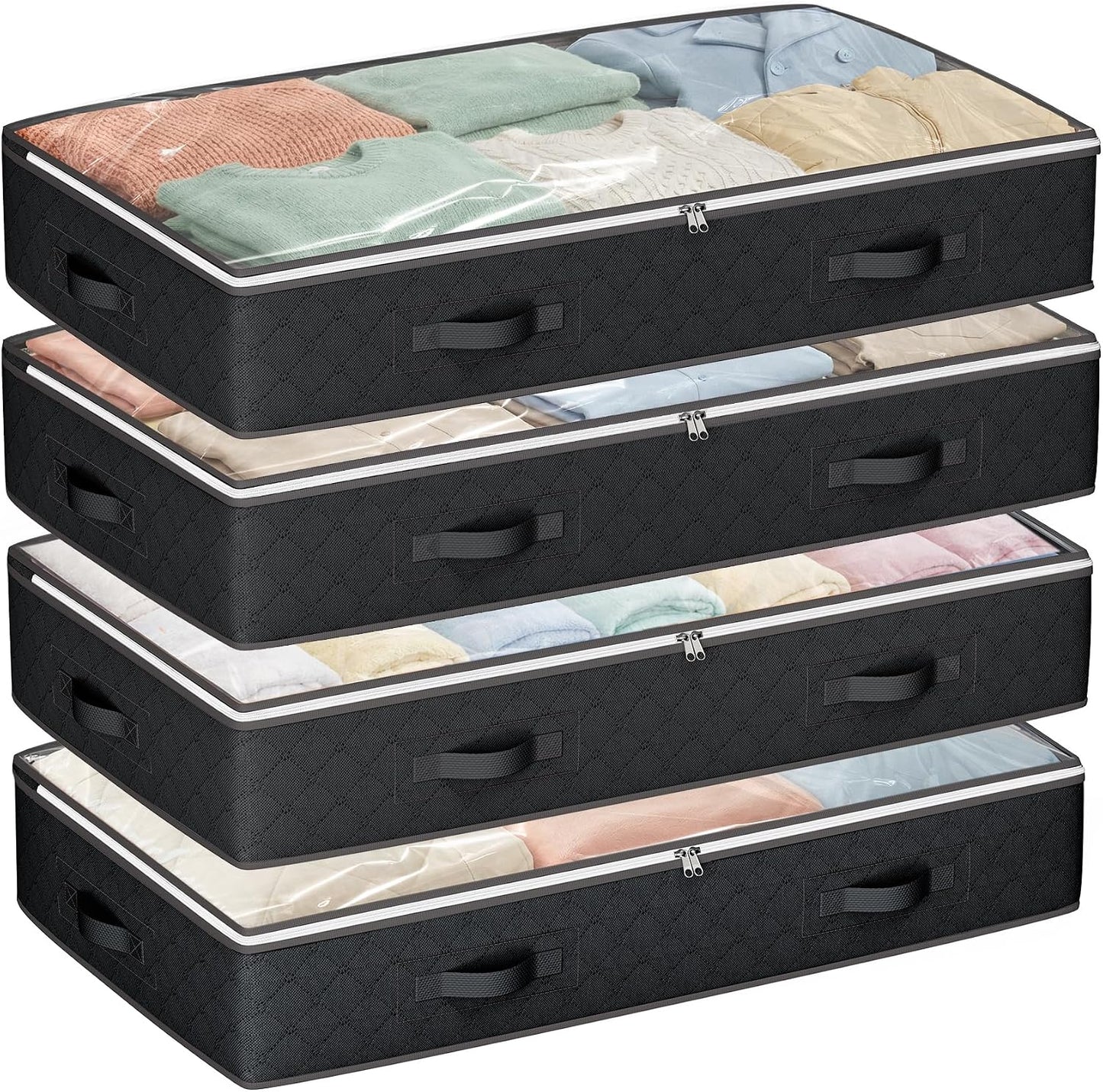 Budding Joy 90L Under Bed Storage Containers, 4 Pack Closet Organizers Grey | Foldable underbed storage bins for linen sheets, blanket, clothing, comforter, sweaters, pillows, wrapping paper