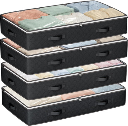 Budding Joy 90L Under Bed Storage Containers, 4 Pack Closet Organizers Grey | Foldable underbed storage bins for linen sheets, blanket, clothing, comforter, sweaters, pillows, wrapping paper