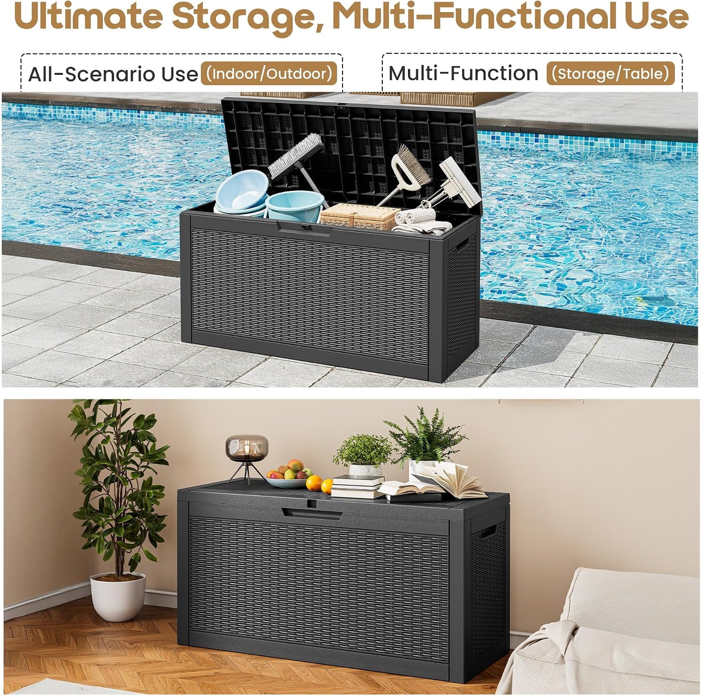35 Gallon Outdoor Storage Box, Waterproof Resin Deck Box with Lockable Lid – Storage Cabinet for Patio Furniture, Pool Supplies, Garden Tools – Indoor & Outdoor Use