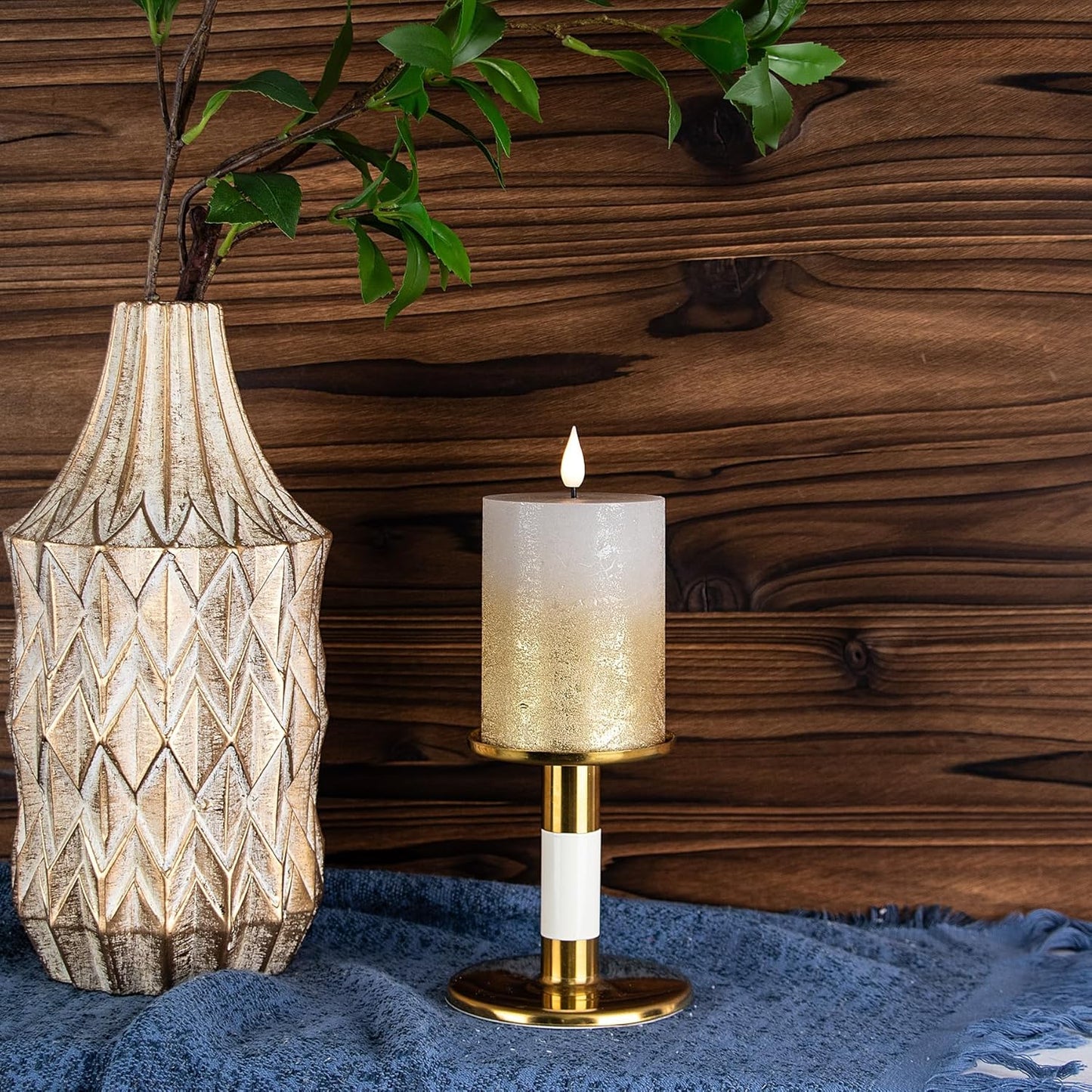 Fanna Flameless LED Pillar Candles with Timer for Wreath, Battery Operated Rustic Wax Candles with Remote for Christmas, 8 Batteries Included - Set of 4 (D 3" x H 4") - Sand Grey/Gold