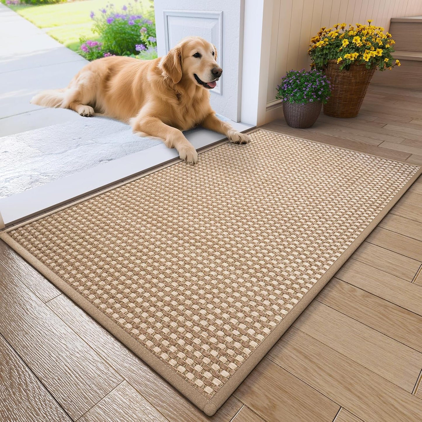 Front Door Mat 17''x30'', Absorbent Dirt Resist Washable Non Slip Low-Profile Indoor Doormat, Easy Clean Welcome Entryway Door Mats, Brown