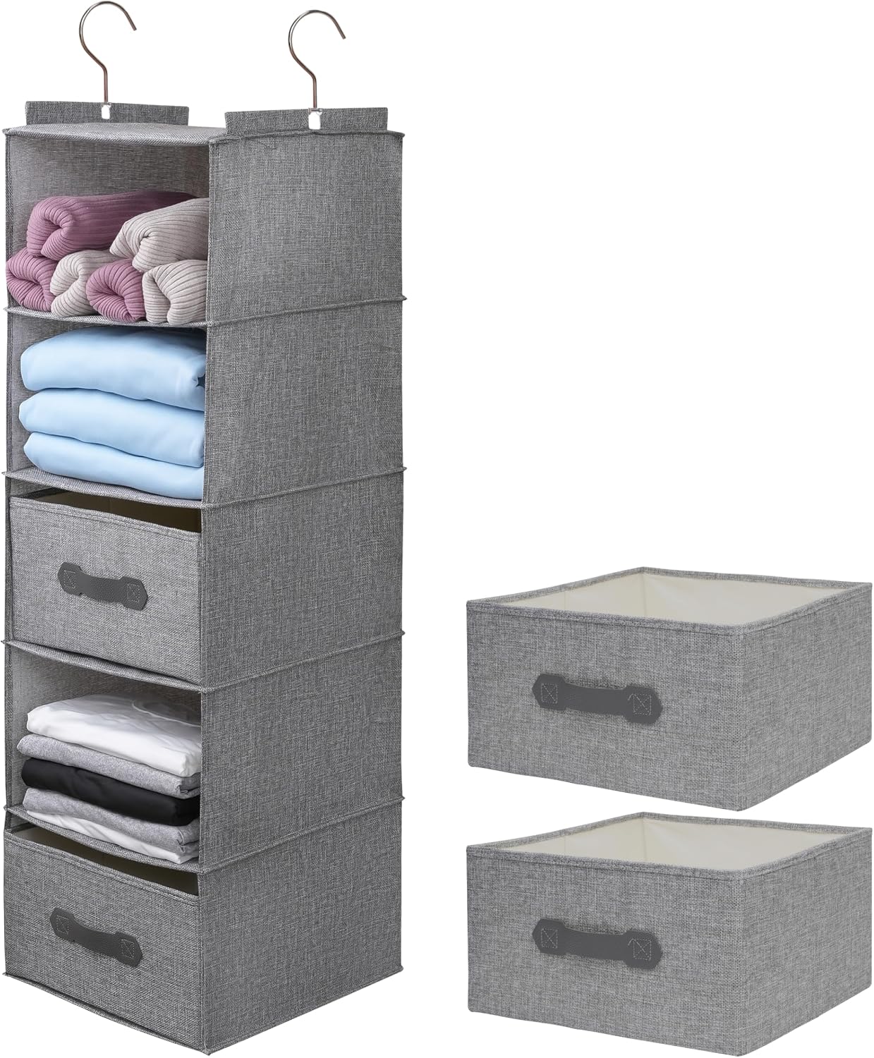 Large Hanging Sweater Organizer for Closet,Collapsible 6-Shelf Hanging Closet Shelves with Drawers, Washable (Grey-6 Shelf)