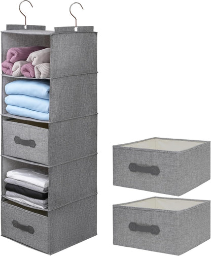 Large Hanging Sweater Organizer for Closet,Collapsible 6-Shelf Hanging Closet Shelves with Drawers, Washable (Grey-6 Shelf)