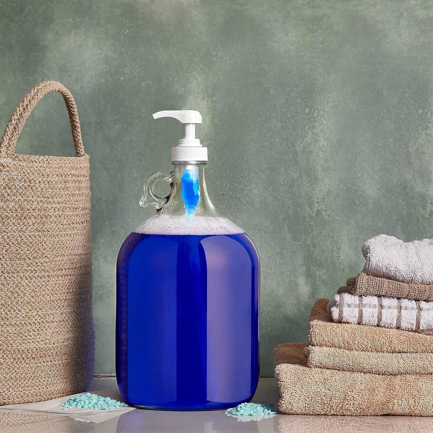 kitchentoolz Gallon Glass Pump Dispenser Bottle, Large Jug Laundry Liquid Detergent Dispenser with Pump for Laundry Room Organization, Soap, Fabric Softener, Commercial Condiment Dispenser- 128 oz