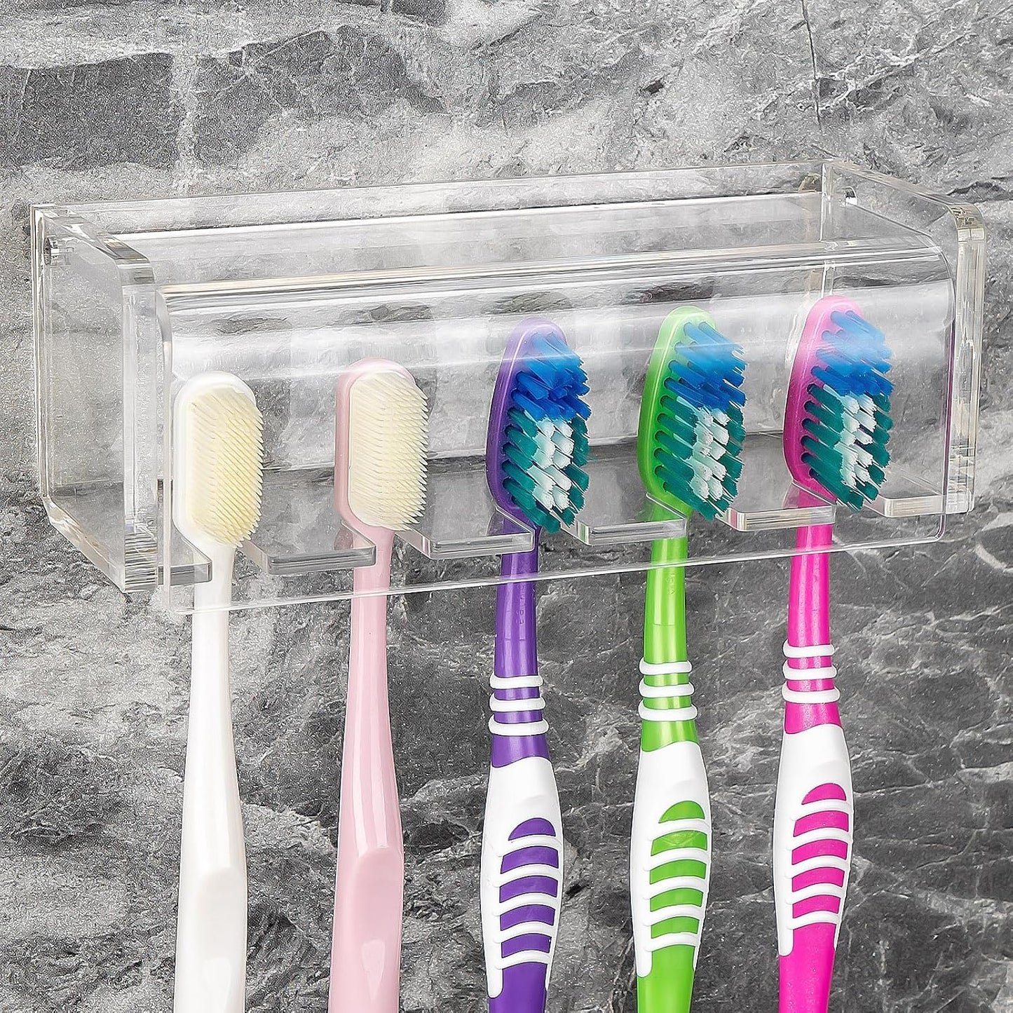 5 Slots Wall Mount Toothbrush Holder with Cover, Self Adhesive Toothbrush Storage Organizer for Shower, Toothbrush Hanger with Automatic Toothpaste Squeezer Dispenser