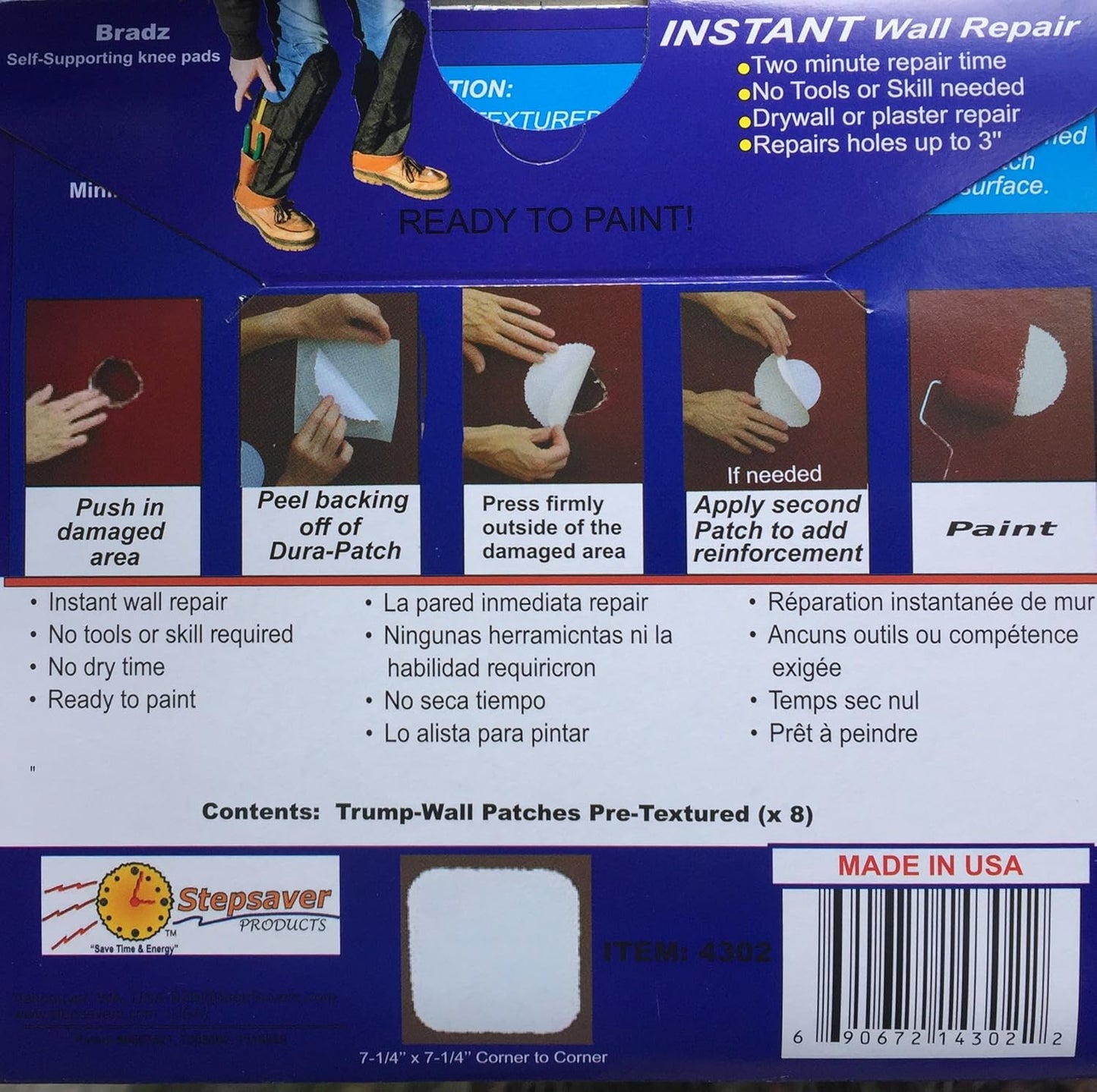 Stepsaver Products USA Made Self-Adhesive Trump Wall Repair Patch Kit Textured (1) Pack with 8 Repair Patches for Door Knob Sized Holes and 8 Center Reinforcement Patches.