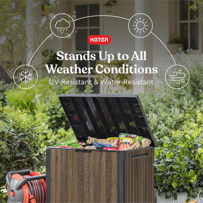 Keter Signature Everwood 30 Gallon Resin Outdoor Storage Box and Patio Furniture Side Table for Pool and Garden Accessories, Walnut
