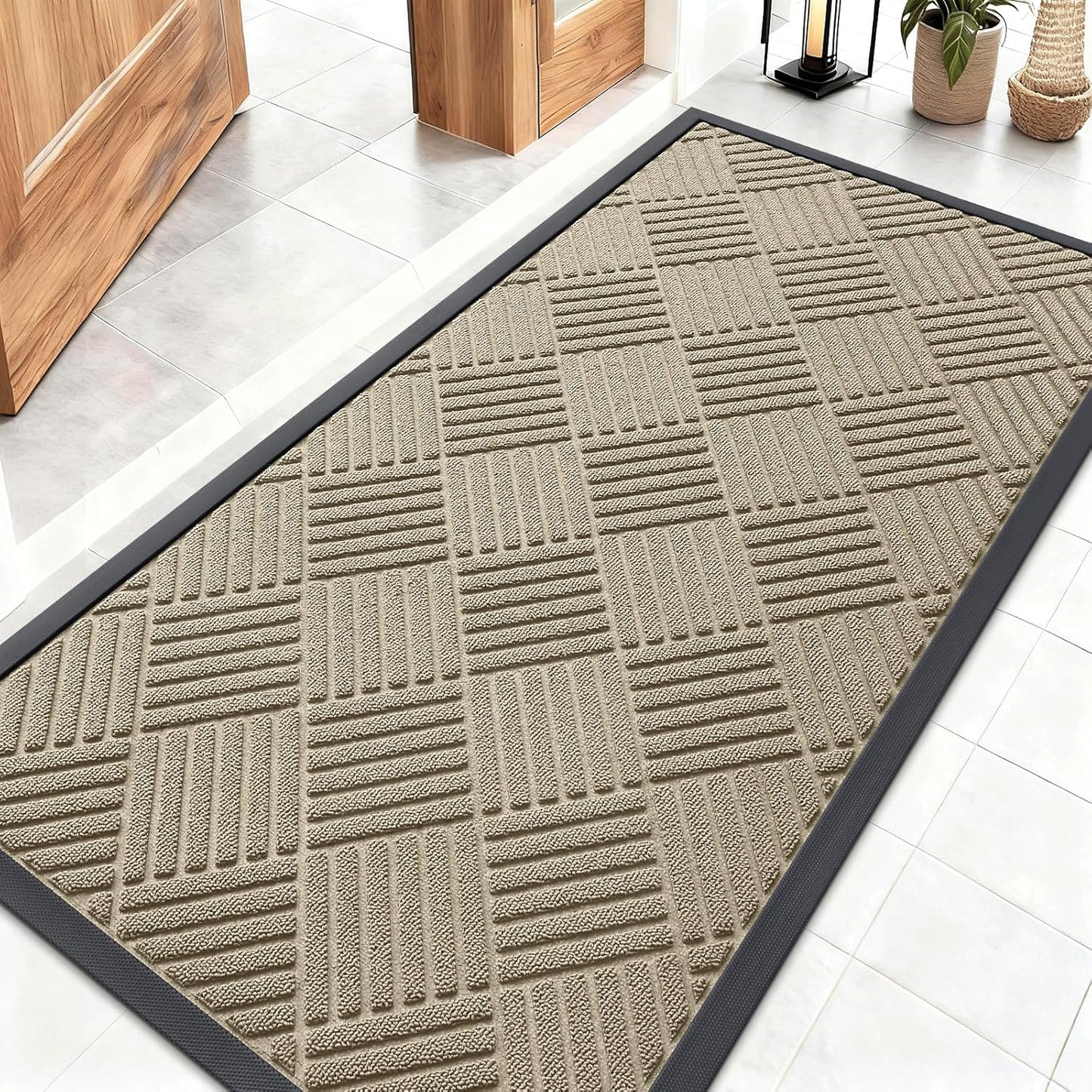 OLANLY Front Door Mat Outside Entrance 29.5x17, Absorbent, Heavy Duty Sturdy Natural Rubber Doormat Indoor Outdoor, Stain and Fade Resistant, Non-Slip Low Profile Floor Mat for Entryway, Grey Diamond
