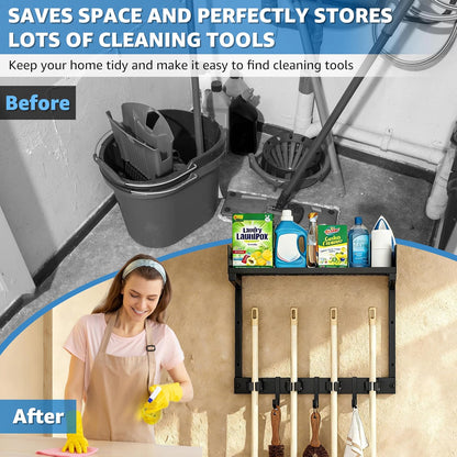 HUFAND Broom Holder Wall Mount, 27" Large Mop and Broom Organizer Wall Hanging with Top Storage Shelf & Vacuum Hook, Heavy Duty Iron Utility Rack for Laundry Room, Garage, Kitchen, Garden - Black
