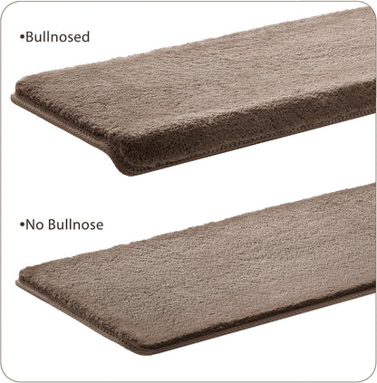 PURE ERA Carpet Stair Treads Ultra Plush 9.5" X 30"Soft Bullnose Indoor Stair Protectors Pet-Friendly Non-Slip Skid Resistant Tape Free Washable Reusable(2 Pieces,Brown)