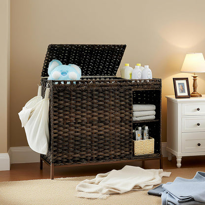 Gitelsnour Laundry Hamper with Lid, 110L (29.1 Gal) Rattan Laundry Hamper 2 Section with 50L (13.2 Gal) Storage Shelf, Wicker Woven Laundry Sorter Basket with 3 Liner Bags and Handles, Brown GLH002BR