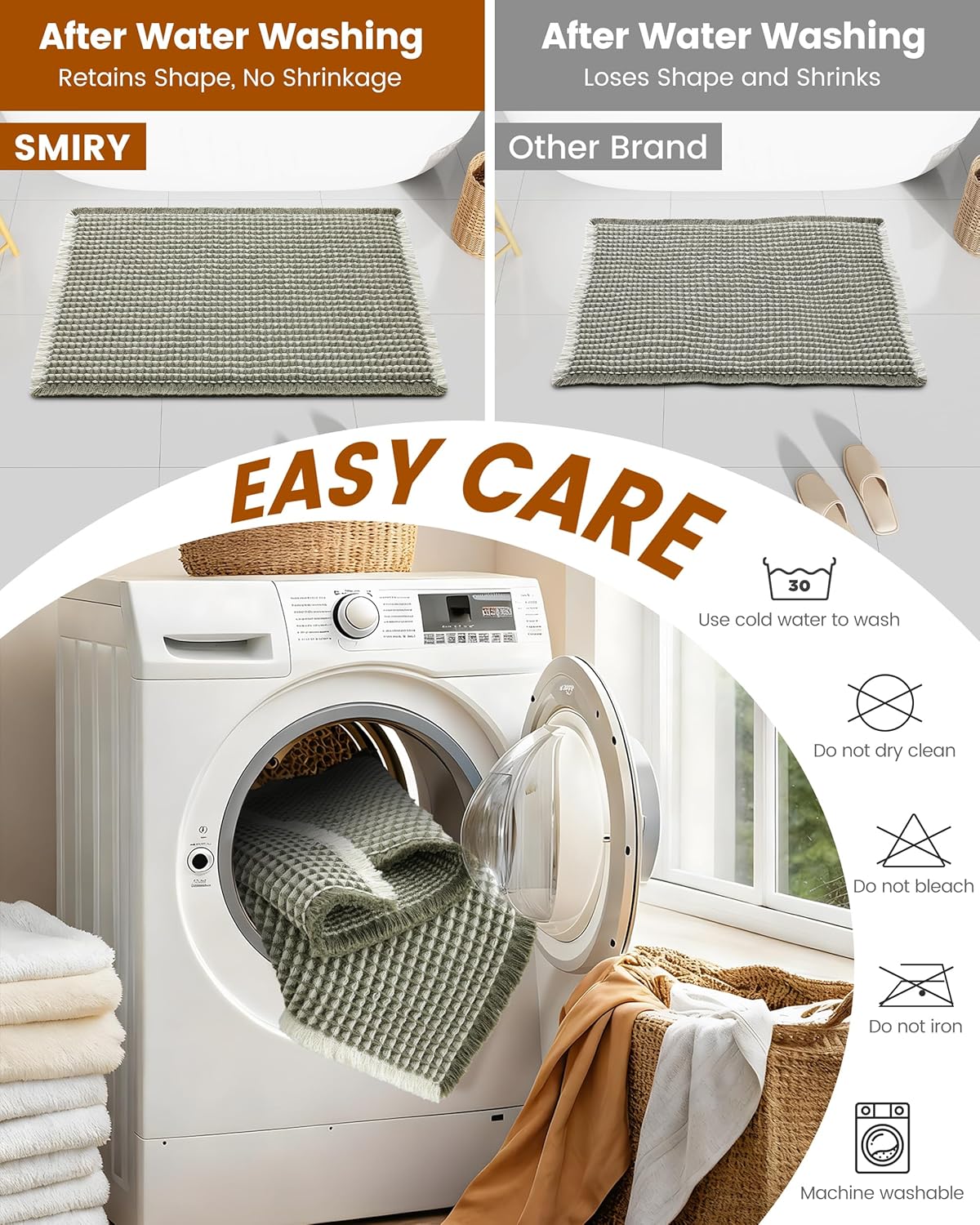 Smiry Waffle Bath Mat 30x20, Extra Soft Absorbent Bathroom Rugs, Non Slip Machine Washable Quick Dry Bath Rugs for Bathroom Floor, Tub, Shower, Home Decor Accessories, Brown